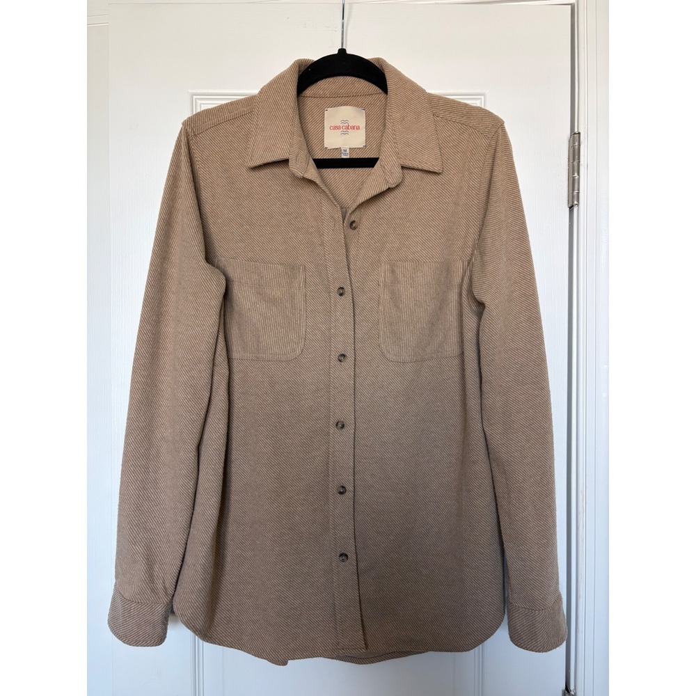 Casa Cabana Tan Textured Button Down Shirt Long Sleeve Pockets Womens Medium